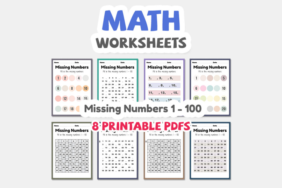 Maths worksheets, missing numbers 1 to 100 printable sheet for p