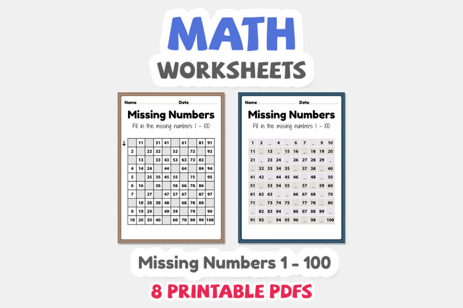 Maths worksheets, missing numbers 1 to 100 printable sheet for p